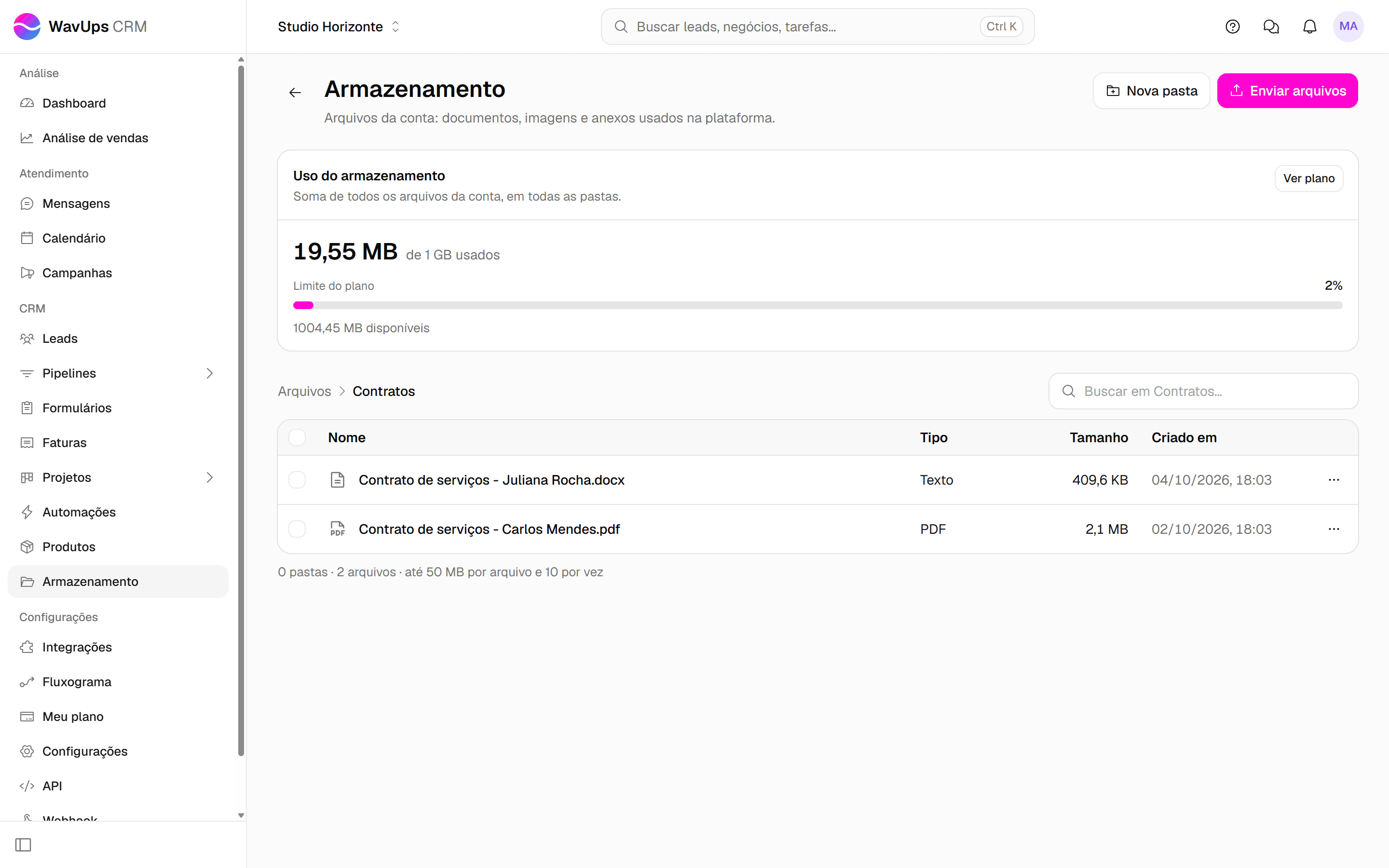 Armazenamento aberto dentro da pasta Contratos, com o caminho da pasta no topo e os arquivos dela.