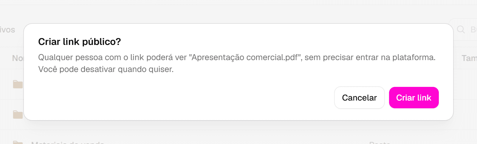 Pergunta Criar link público? com o botão Criar link destacado.