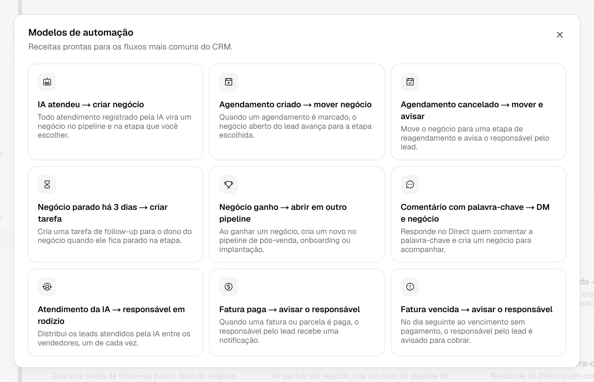 Diálogo Modelos de automação com as receitas prontas, com o primeiro modelo, IA atendeu → criar negócio, destacado.