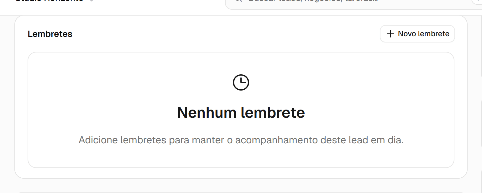 Cartão Lembretes na visão geral do lead com o botão Novo lembrete destacado.