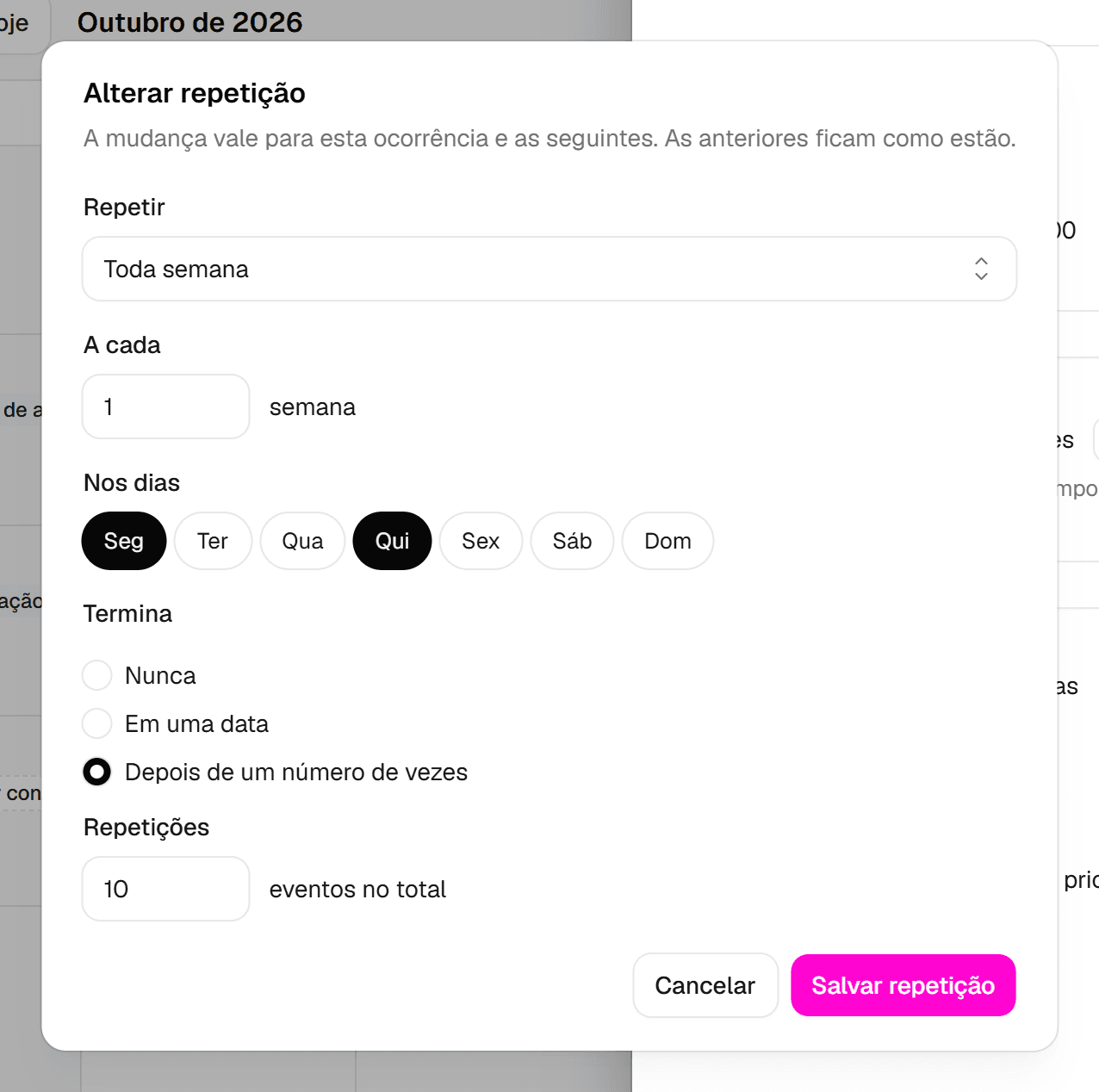 Painel Alterar repetição com a frequência, o intervalo, os dias da semana, o fim da repetição e o botão Salvar repetição.