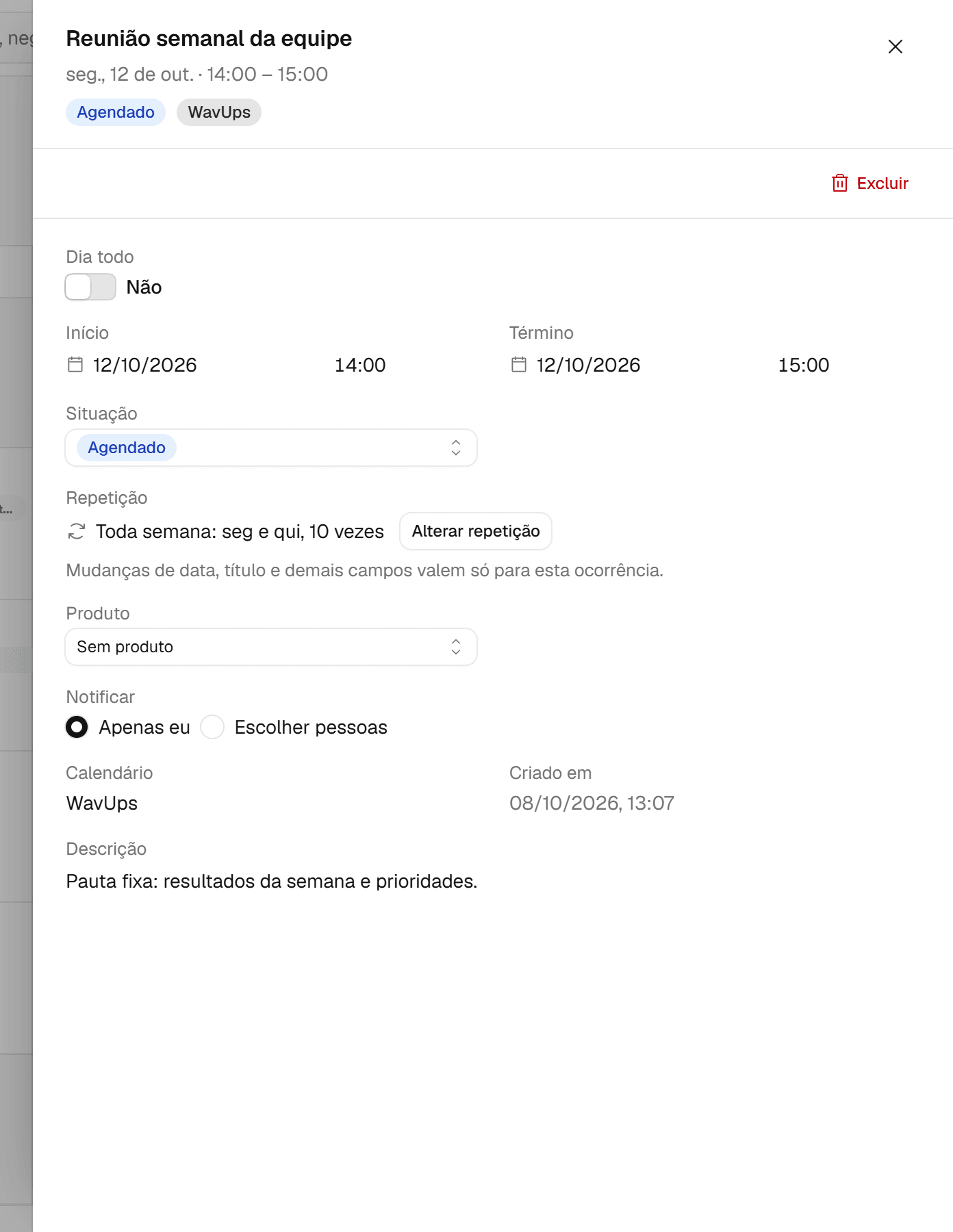 Detalhe de uma ocorrência de evento semanal, com o resumo Toda semana e o botão Alterar repetição.