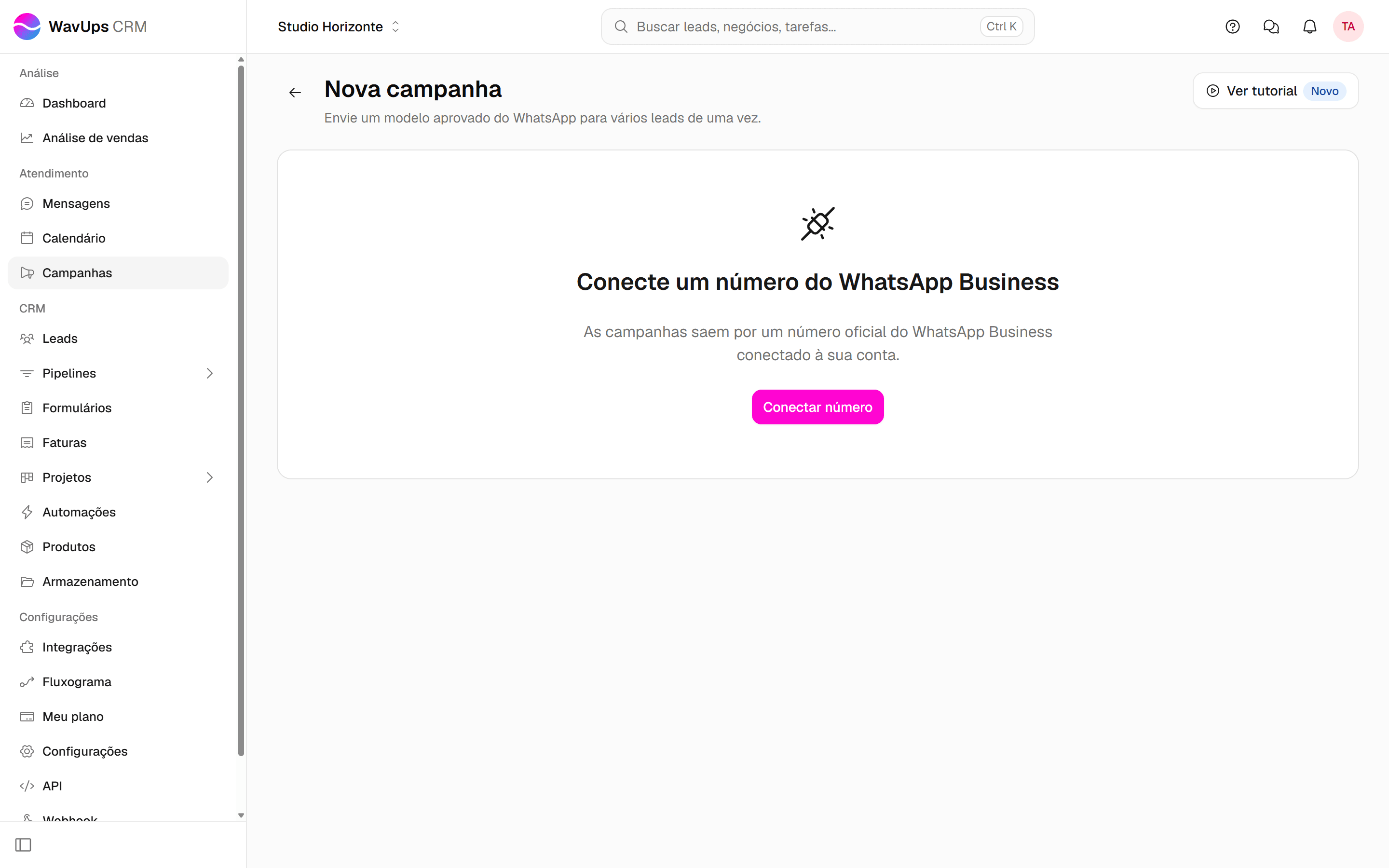 Tela Nova campanha de uma conta sem número do WhatsApp Business conectado, com o aviso Conecte um número do WhatsApp Business e o botão Conectar número.