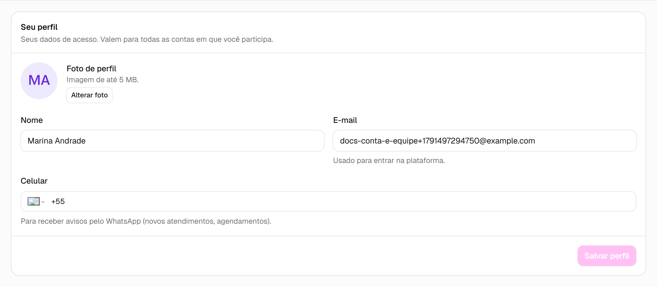 Seção Seu perfil com o botão Alterar foto destacado.