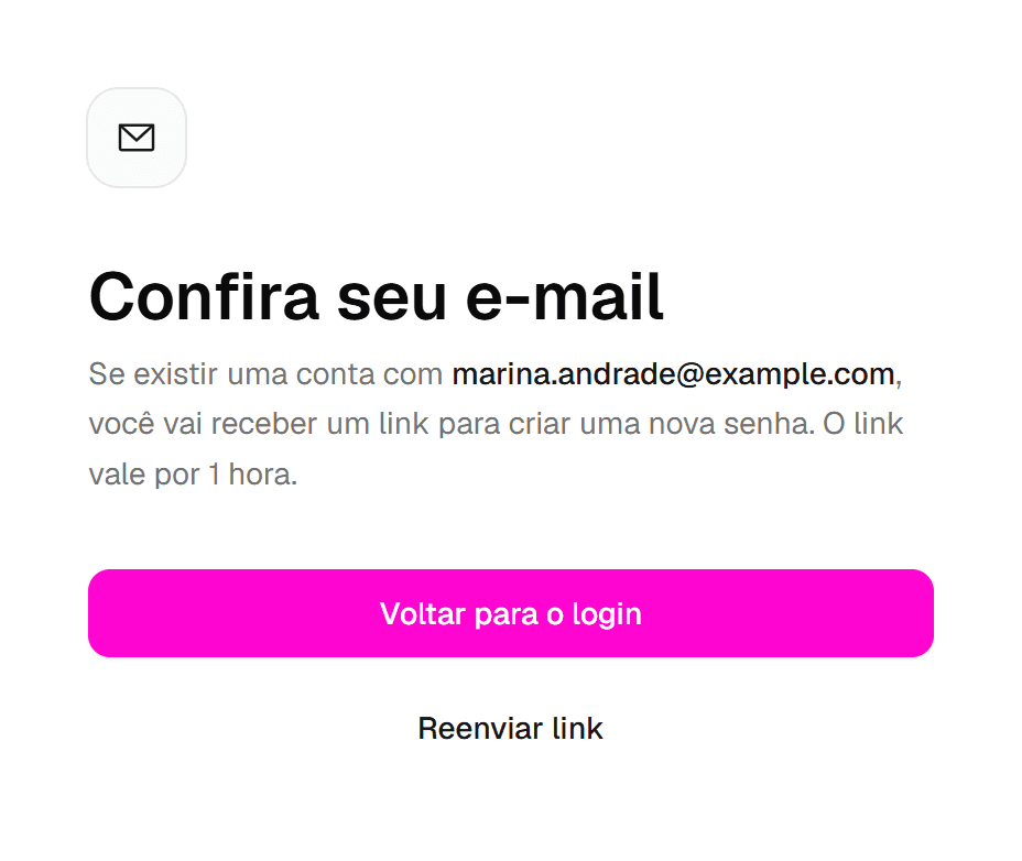Tela "Confira seu e-mail" confirmando o envio do link, com o botão Reenviar link destacado.