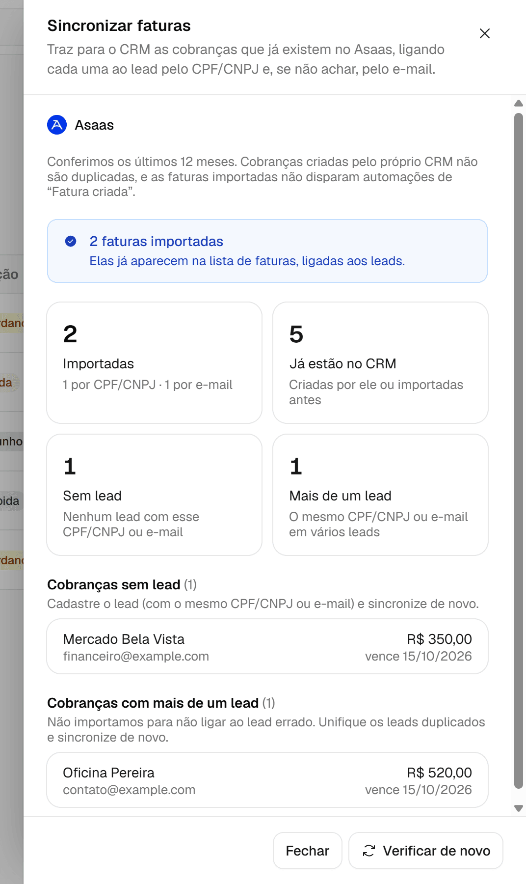 Painel Sincronizar faturas depois da importação, com a quantidade de faturas importadas.