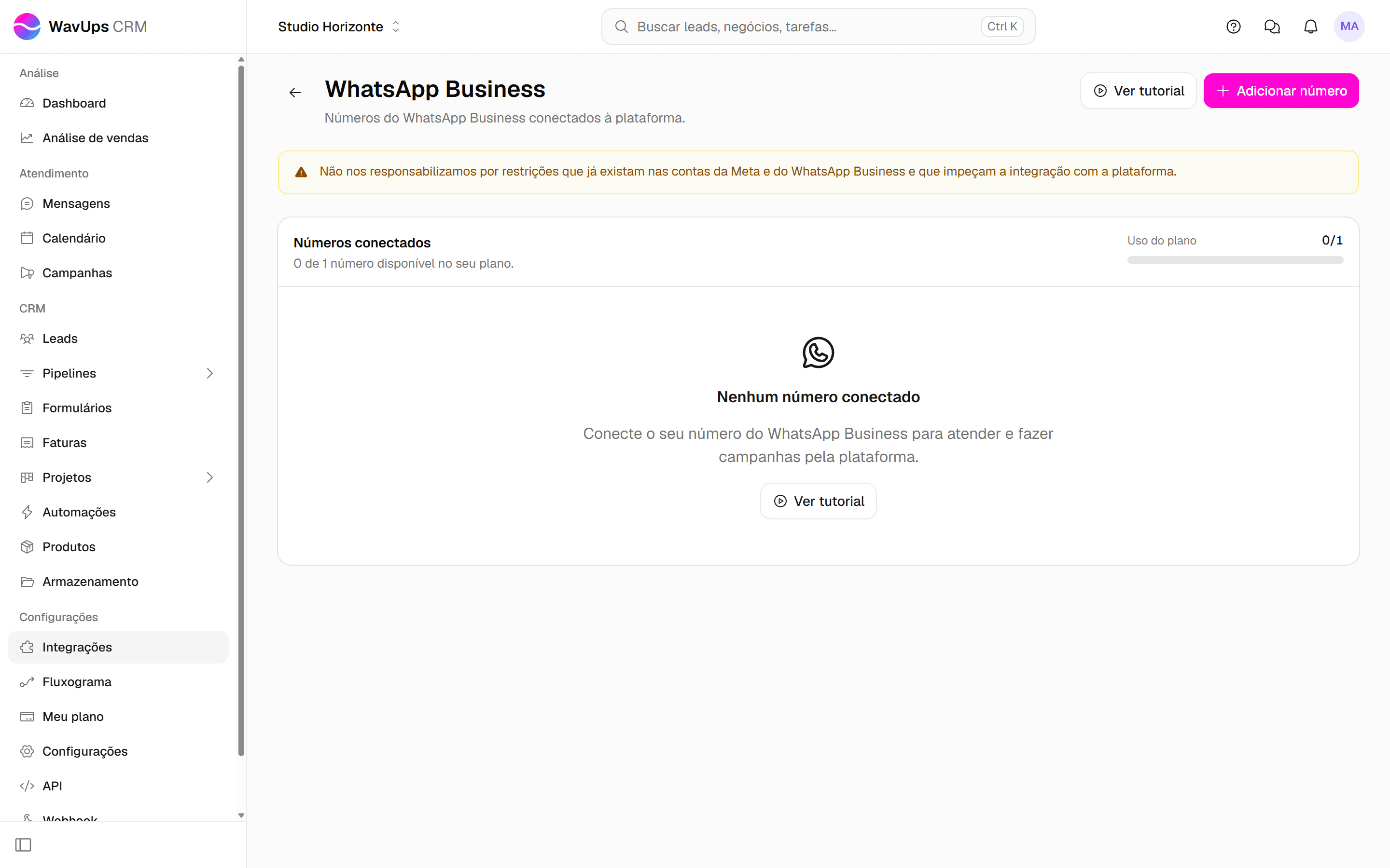 Tela WhatsApp Business sem números conectados, com o botão Adicionar número destacado.