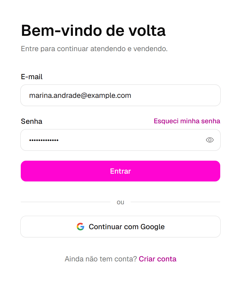 Tela de login com e-mail e senha preenchidos, destacando o campo Senha e o ícone de olho para mostrar a senha.