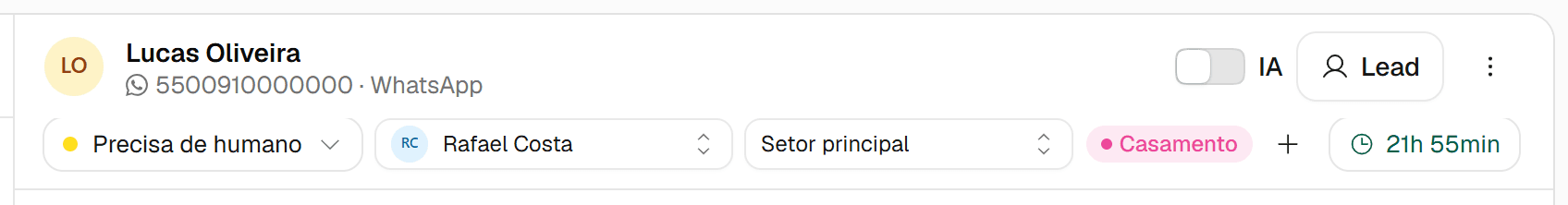 Cabeçalho da conversa com os campos Responsável e Setor destacados.