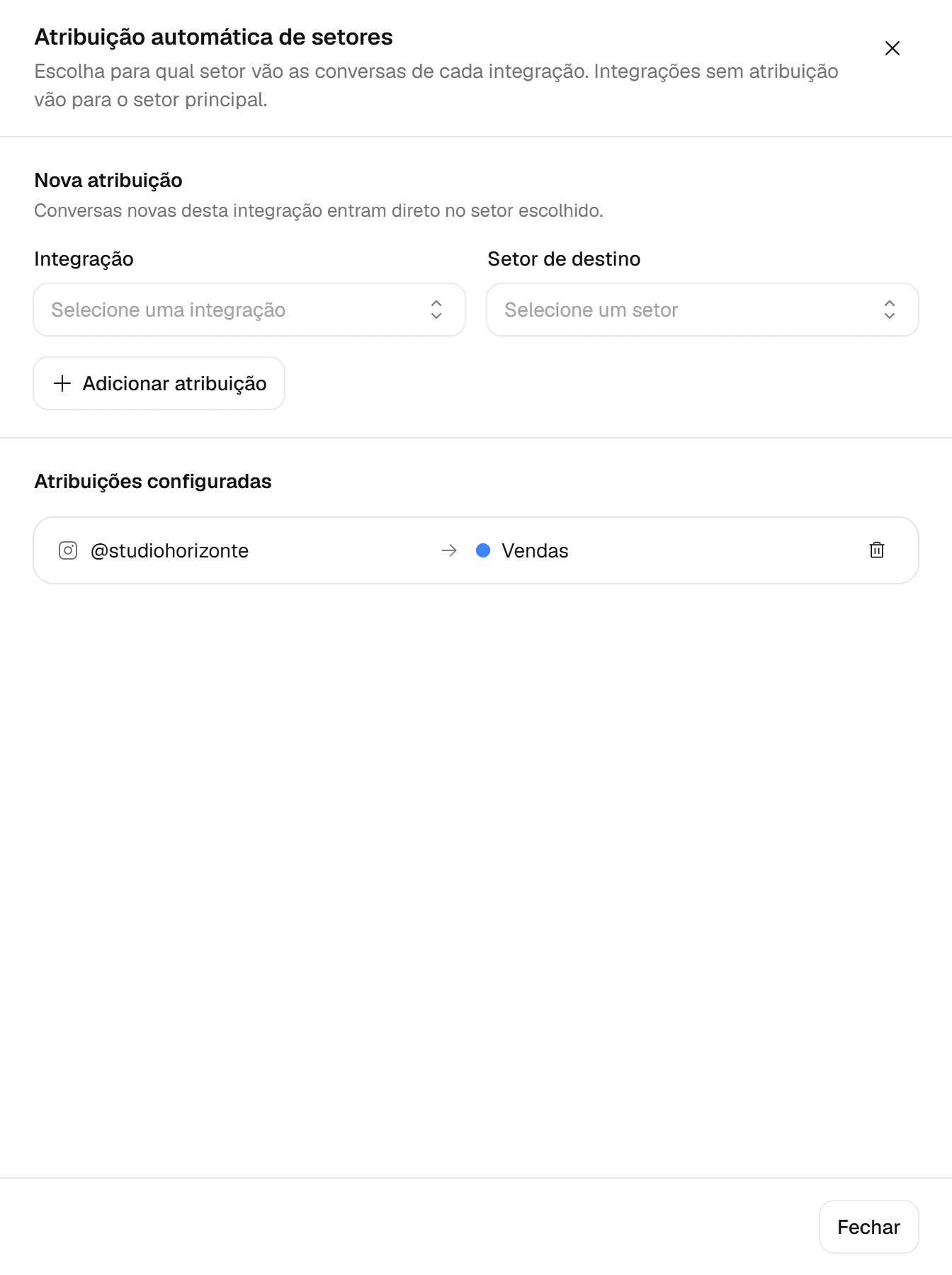 Regra de atribuição automática levando as conversas do Instagram para o setor Vendas.