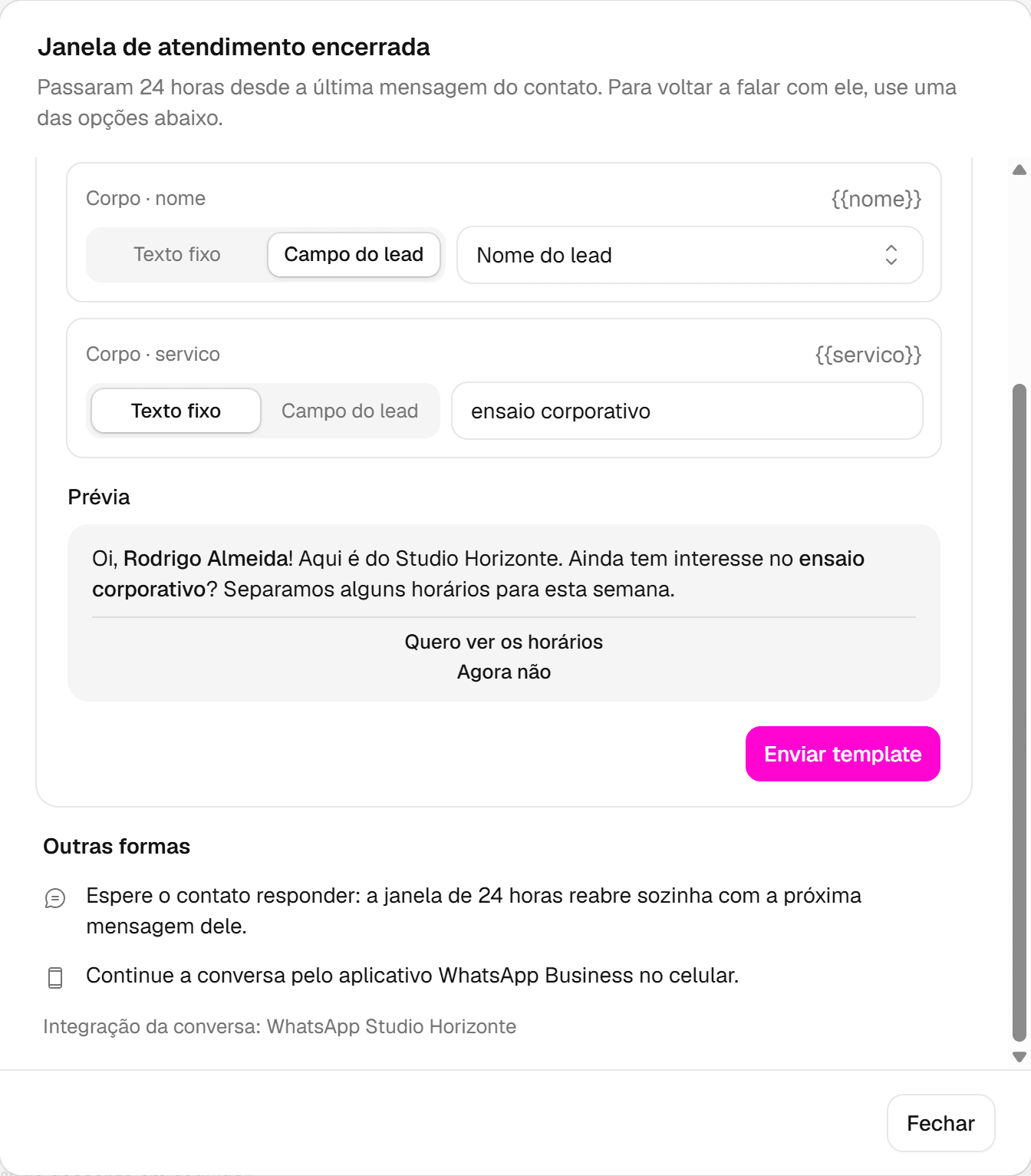Prévia do modelo de retomada com o nome do cliente e o serviço preenchidos, e o botão Enviar template.