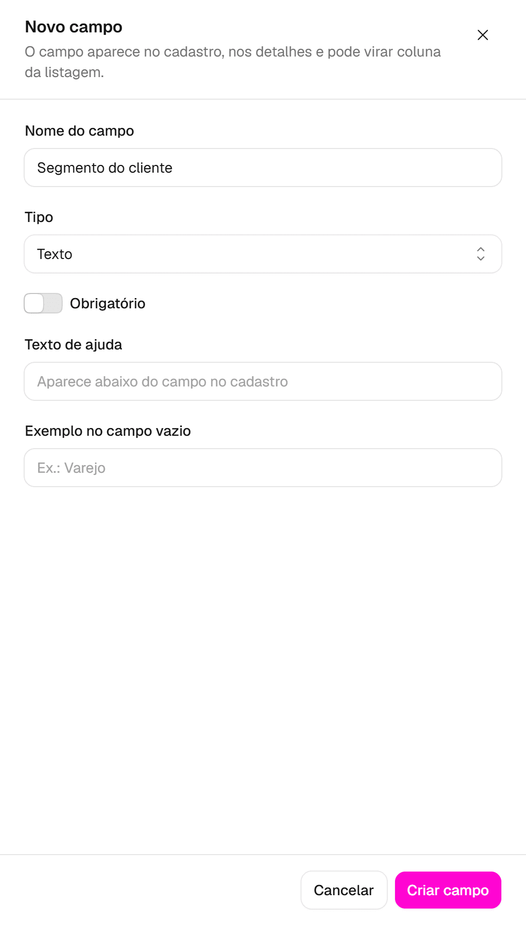 Painel Novo campo com o nome Segmento do cliente, o tipo, a opção Obrigatório e o texto de ajuda.