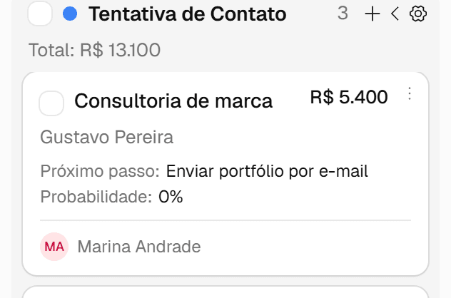 Cartão de negócio mostrando as linhas Próximo passo e Probabilidade abaixo do título.