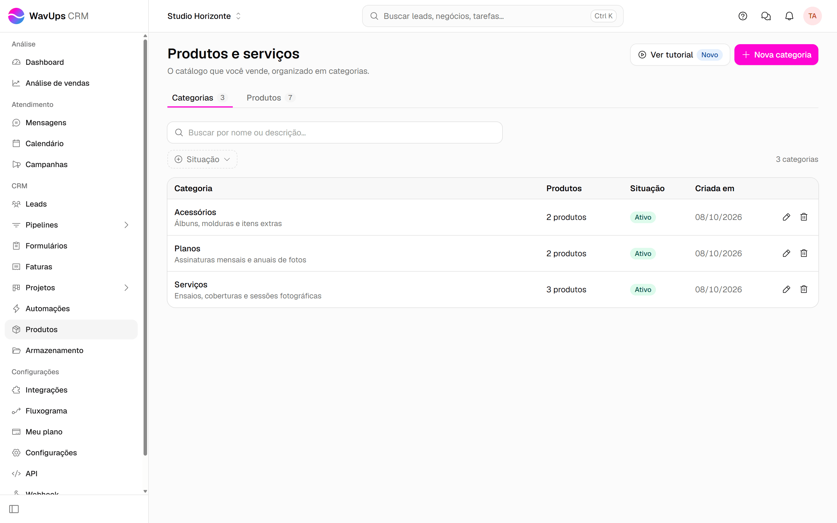 Aba Categorias com a quantidade de produtos de cada categoria e os botões de editar e excluir.