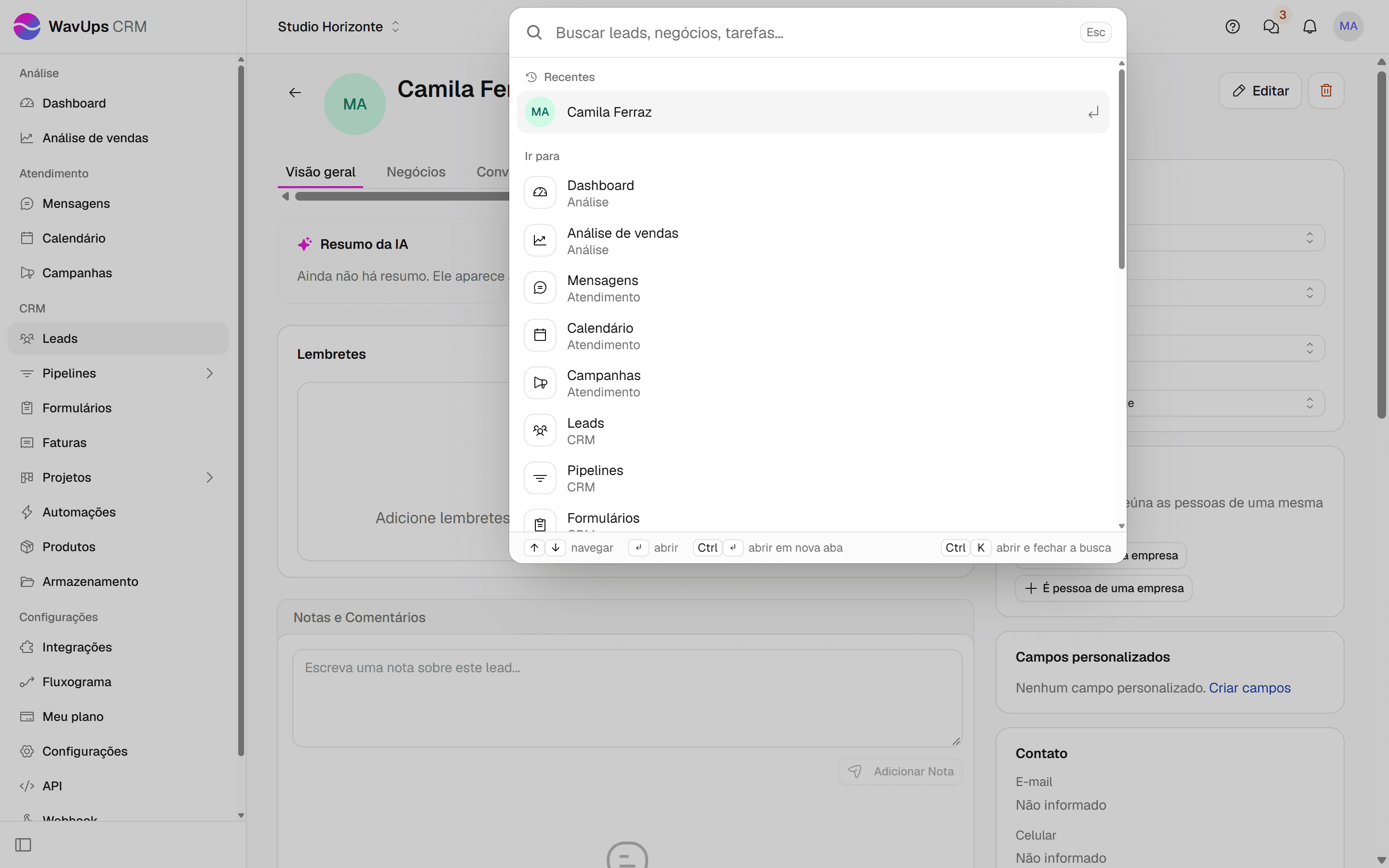 Busca global aberta sem texto, com os itens recentes no topo da lista.